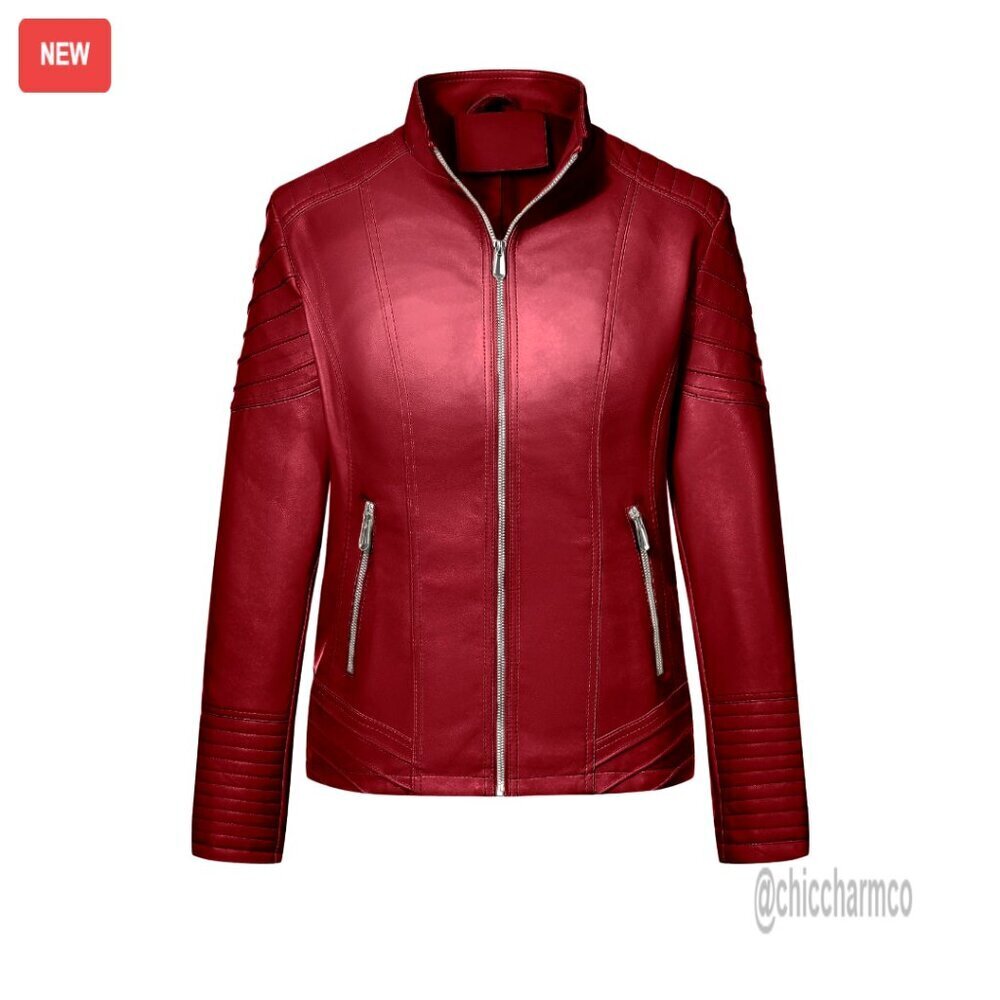 Plus Size Faux Leather Motorcycle Jacket Slim Fit Biker Style PU Coat